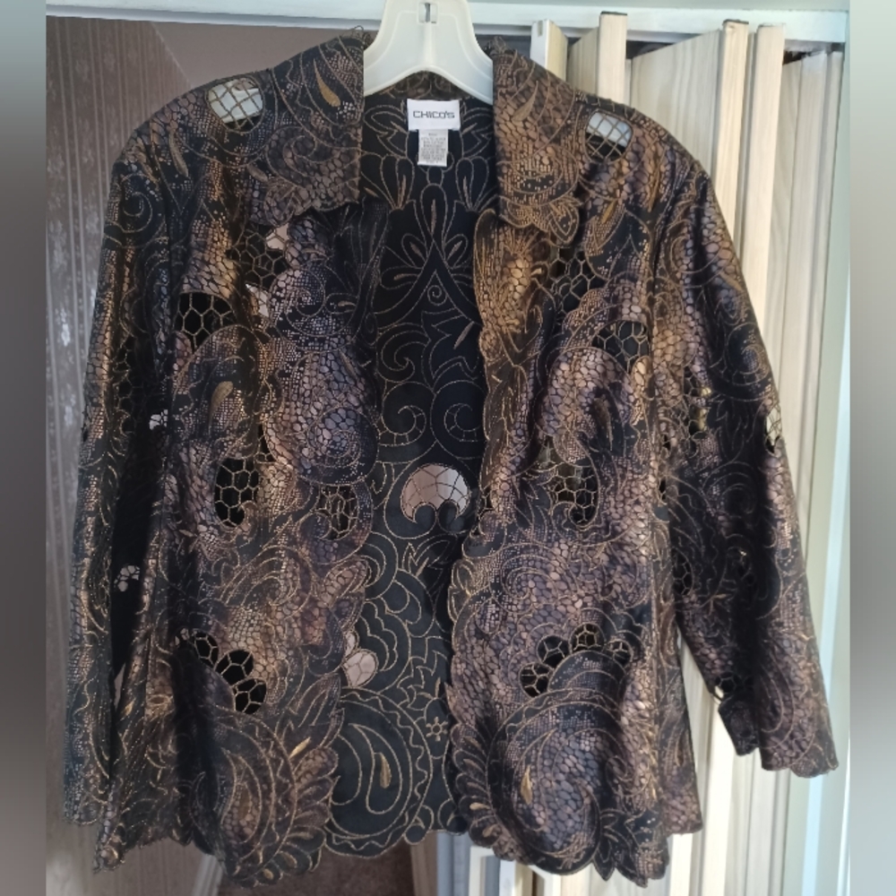 Chico's womens size medium brown w copper embroidery open blouse sheer